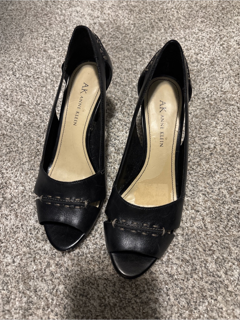 Anne Klein Black Leather Peep-Toe D'Orsay Heels